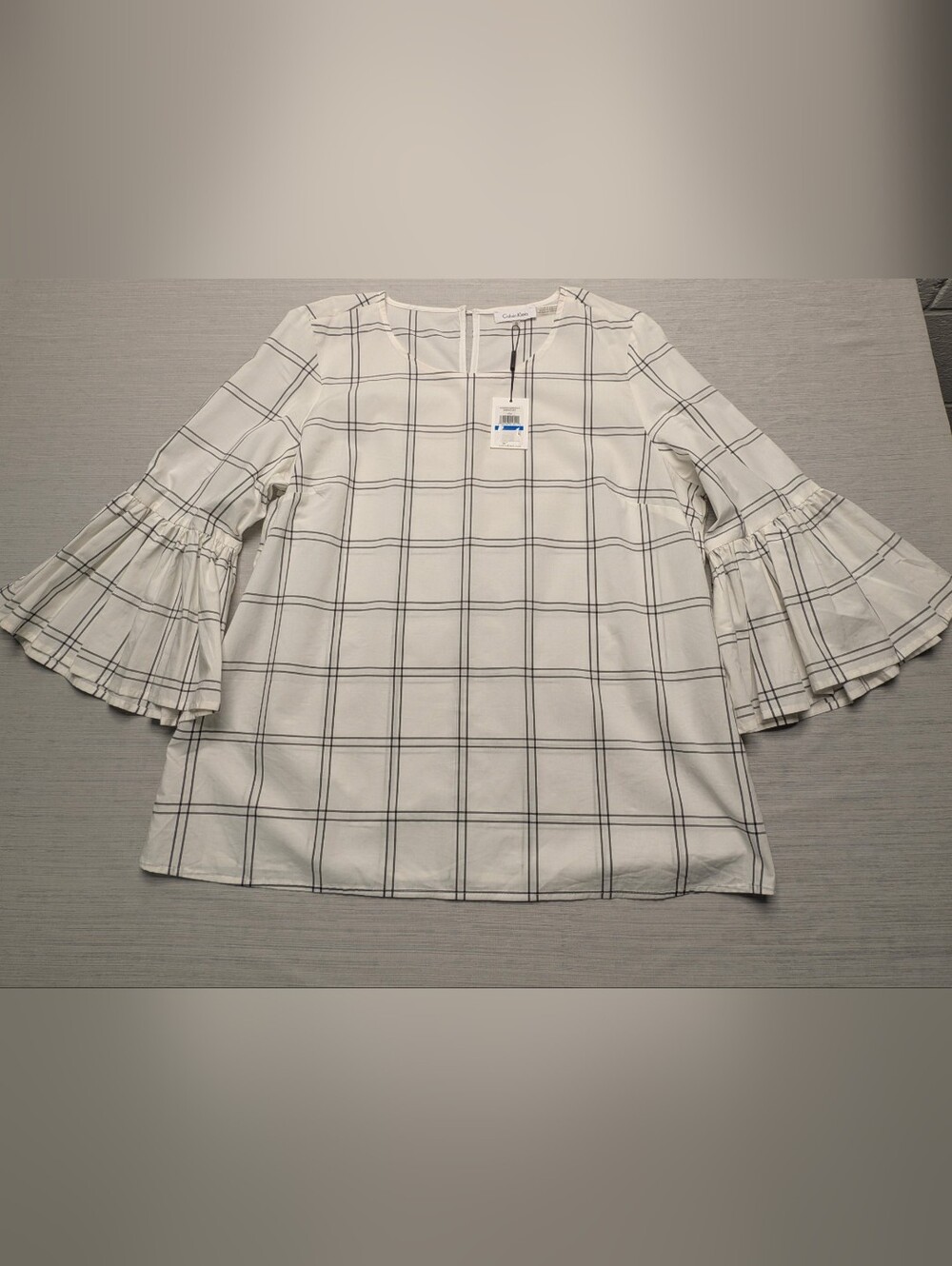 NWT Calvin Klein White & Black Grid Windowpane Pattern Bell Ruffle Sleeve Top XL